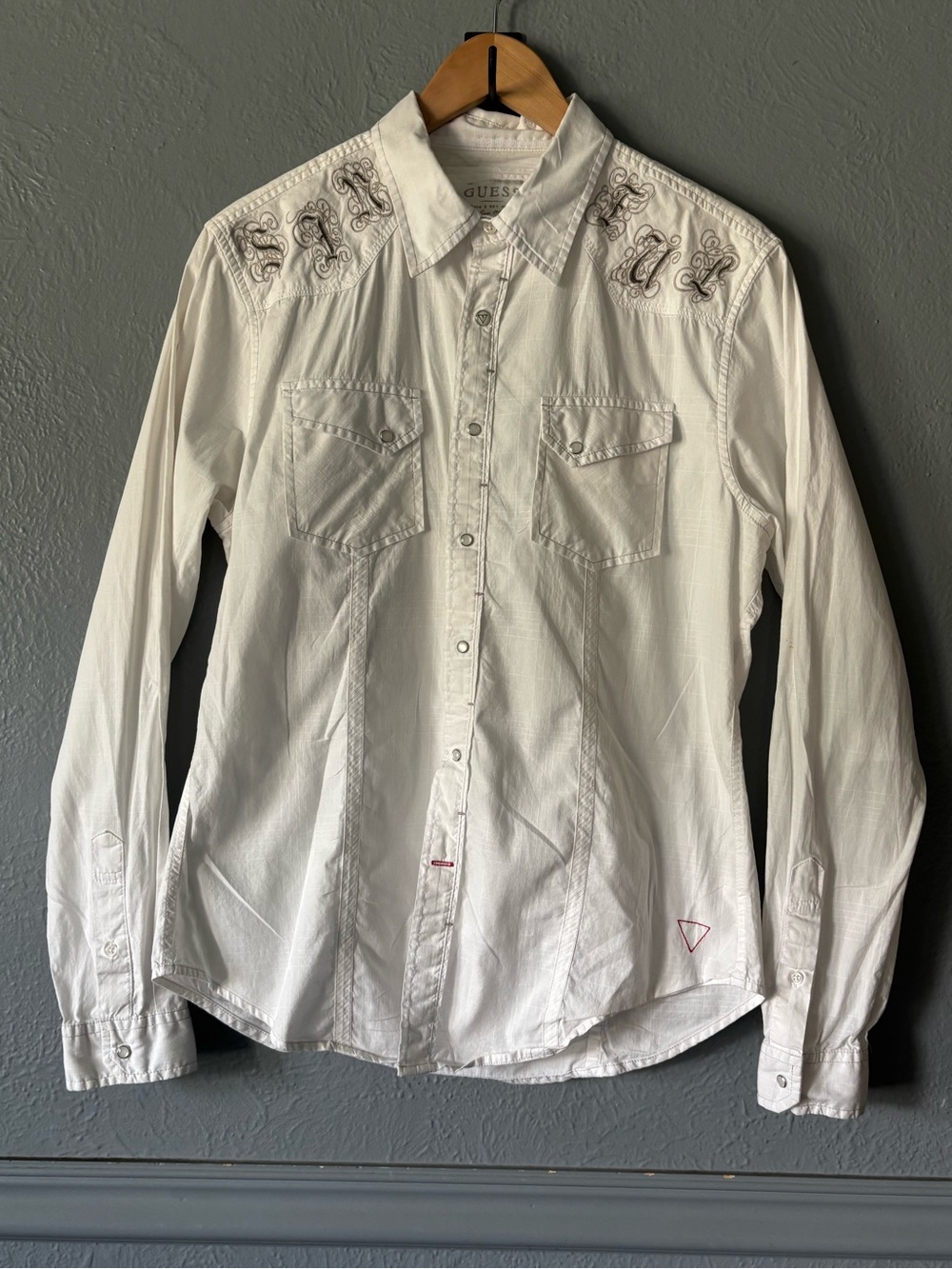 Guess Sinful Embroidered Western Button Up Shirt White Cotton Men’s Medium